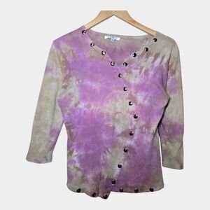 PARIS Womens Medium Tie Dye Snap Neck Top Pink Brown Cotton Asymmetric Hem Y2K